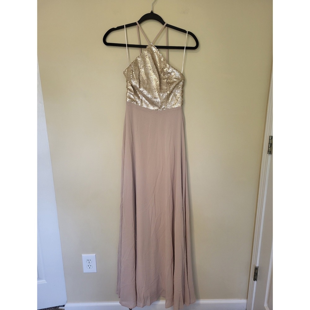 Lulus Womens Mauve Gold Sequin Chiffon Halter Maxi Dress Formal Gown XS NEW - Picture 4 of 6